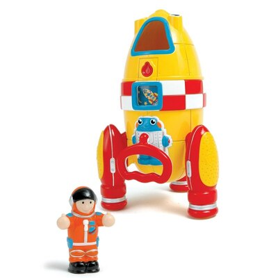 Pull the cord of this bright rocket to watch the countdown to fun with vibrating blast-off action! Push the button on this exciting space vehicle to reveal the cockpit and a friendly, removable astronaut.